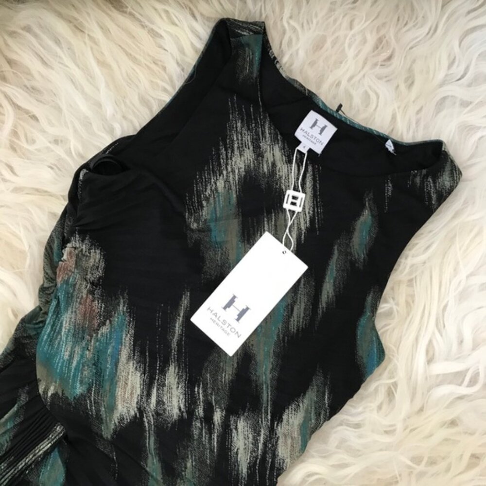 Halston Heritage Pleated Faux Wrap Cocktail Dress - Picture 5 of 9